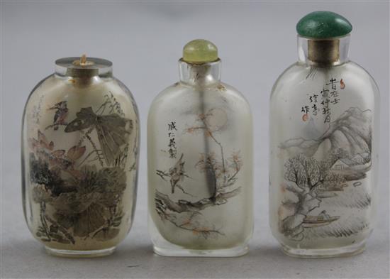 Three Chinese inside-painted glass snuff bottles, 20th century, Richards no.s 40, 106 and 353